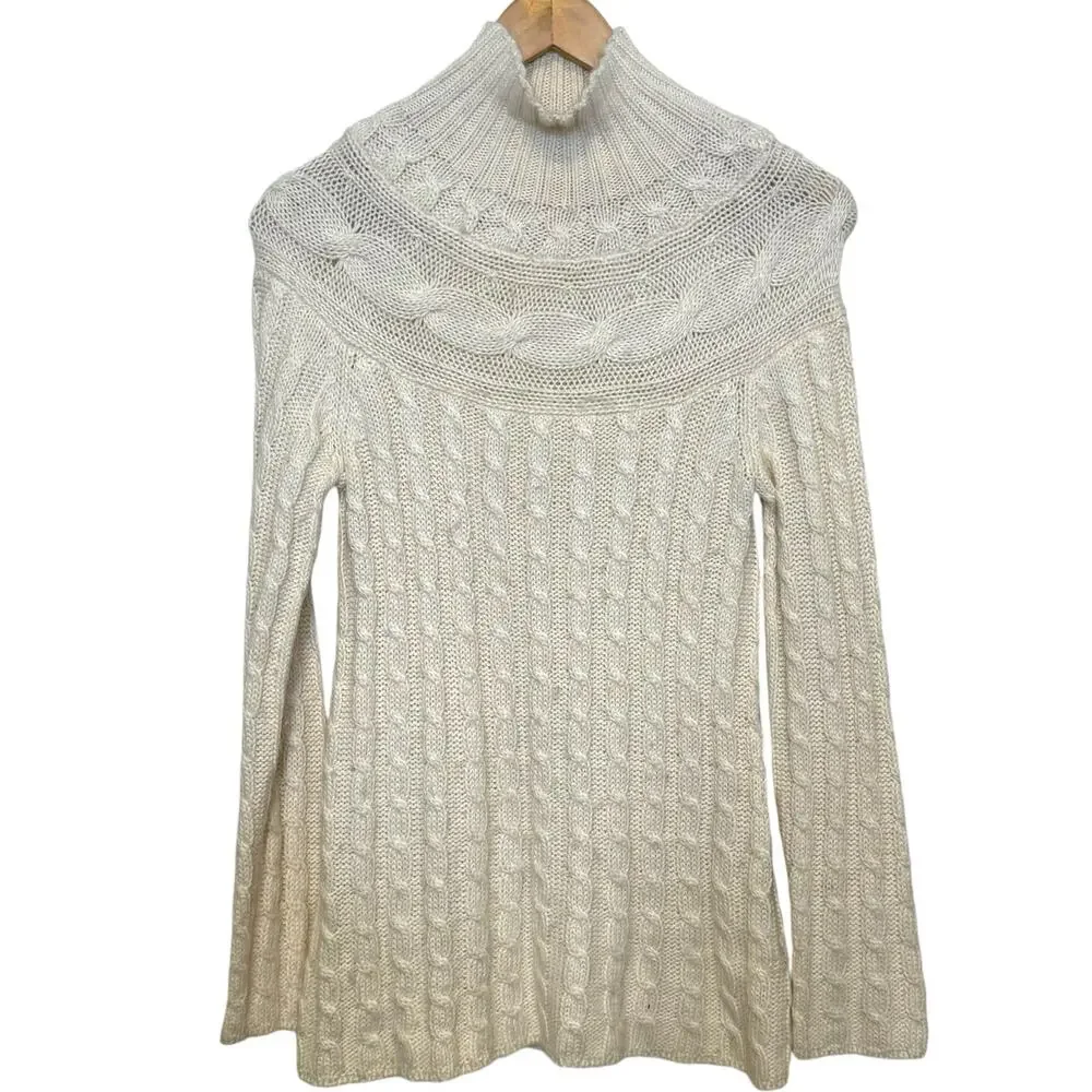 Garnet Hill Alpaca Blend Cream Mock Neck Cable Knit Pullover Sweater